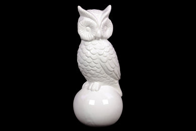 Wide Ey'S Ceramic Owl W/ Antique Finish On Ceramic Ball Stand In White