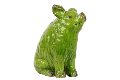 Antiquated Adorable Sitting Ceramic Pig In Green