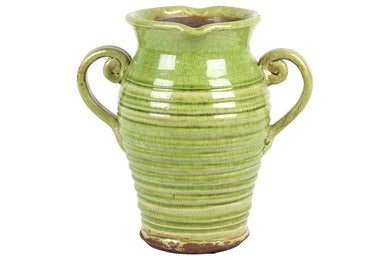 Antique Ceramic Tuscan Vase In Green W/ Beautiful Ring Pattern