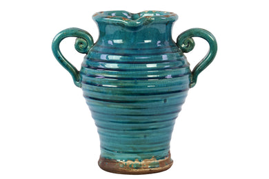 Antique Ceramic Tuscan Vase In Turquoise W/ Beautiful Ring Pattern
