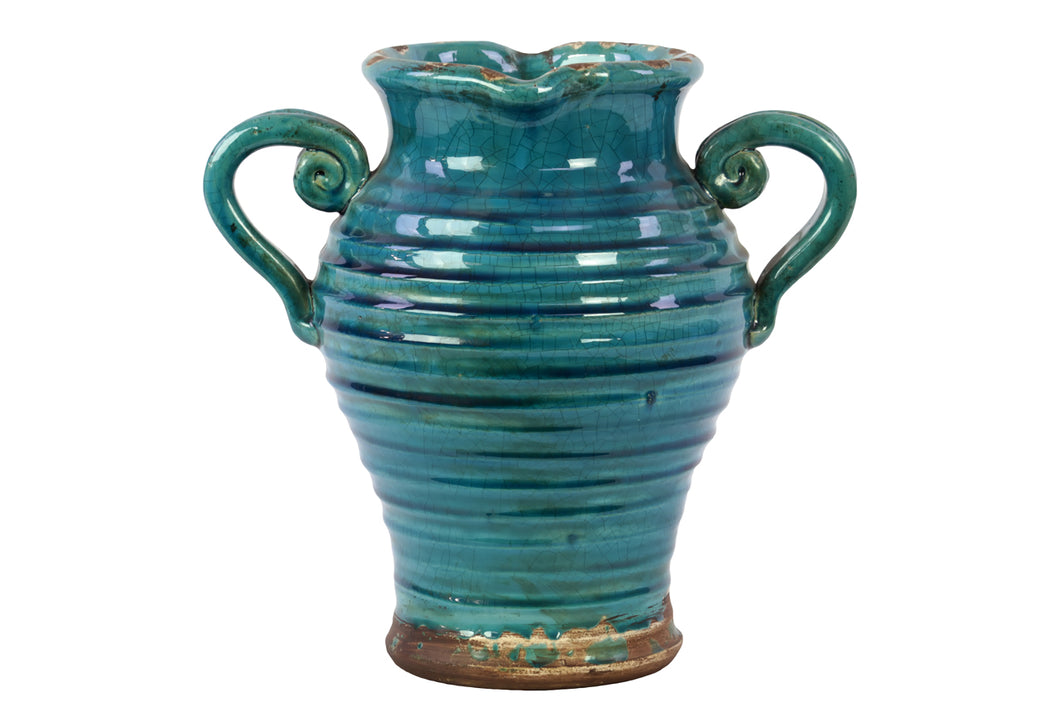 Antique Ceramic Tuscan Vase In Turquoise W/ Beautiful Ring Pattern