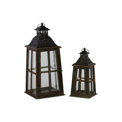 Wood Lantern With Ring Hanger And Black Metal Top Set Of Two
