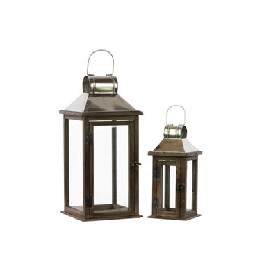 Wood Square Lantern With Chrome Silver Metal Top