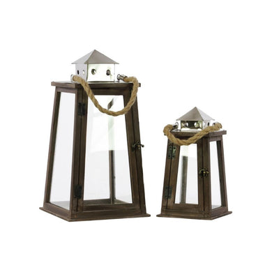 Wood Square Lantern With Chrome Silver Metal Top