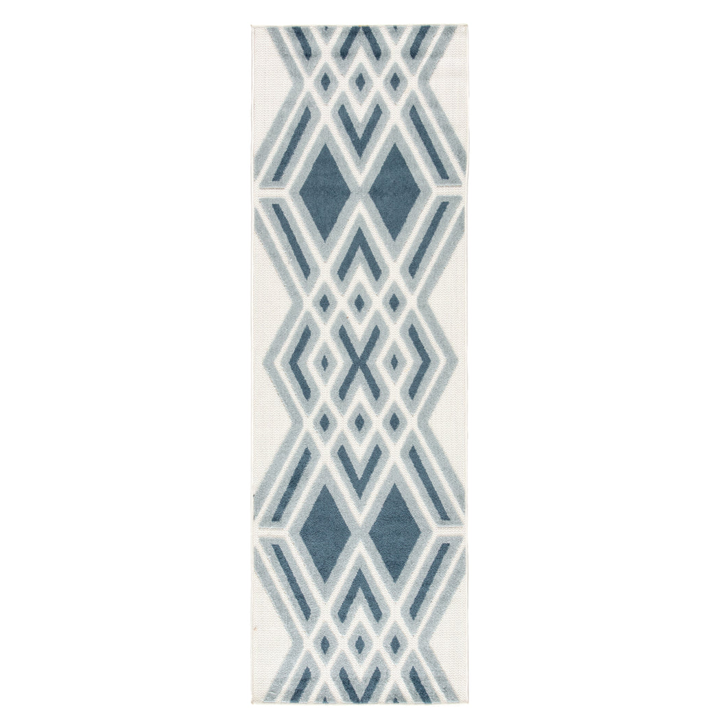 Nikki Chu by Jaipur Living Tasma Indoor/ Outdoor Geometric White/ Blue Runner Rug (2'6