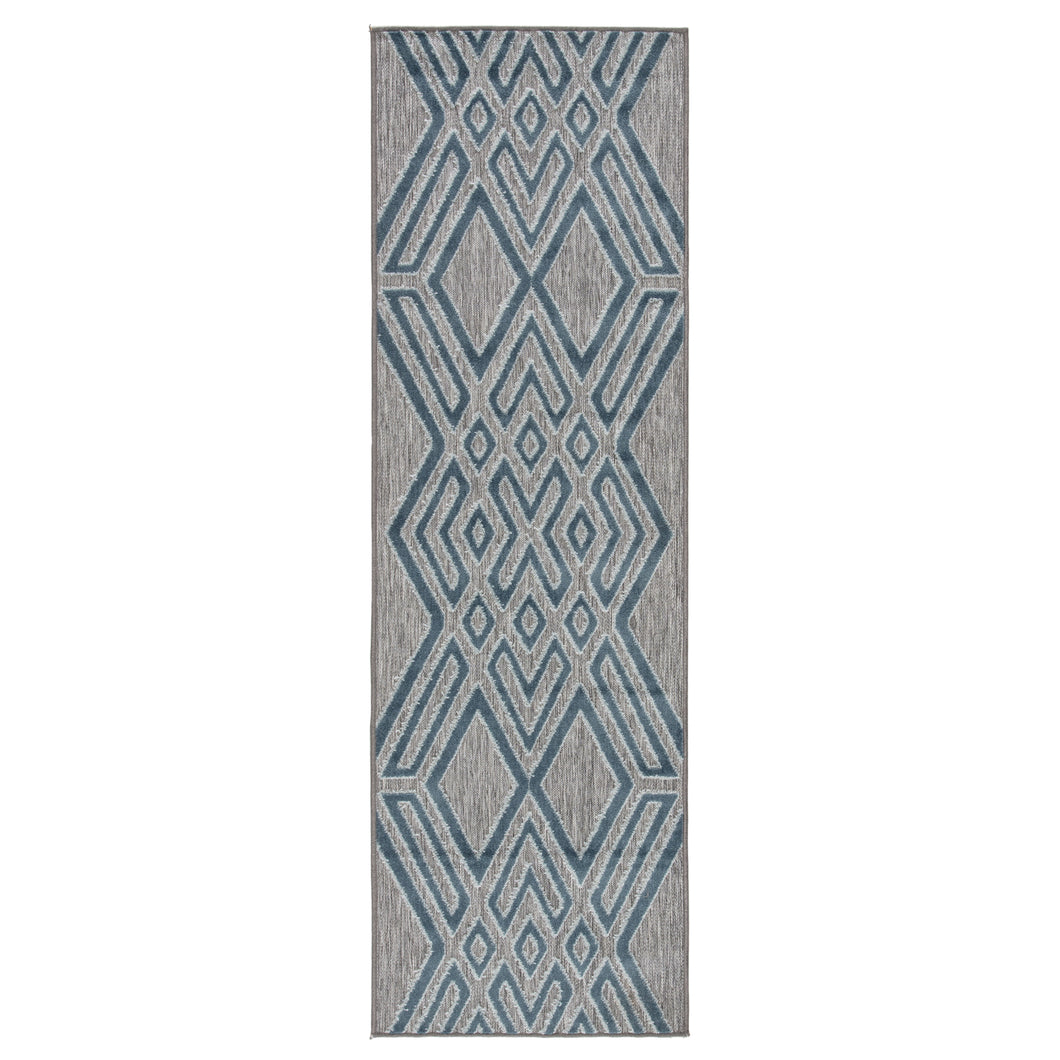 Nikki Chu by Jaipur Living Tasma Indoor/ Outdoor Geometric Gray/ Blue Runner Rug (2'6
