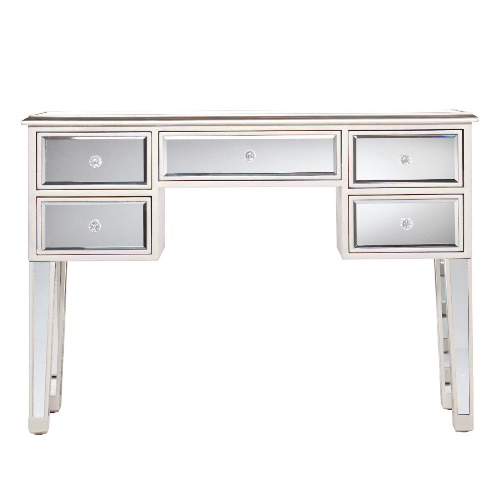 Stylish Mirrored Console Table With Five Drawers, Silver