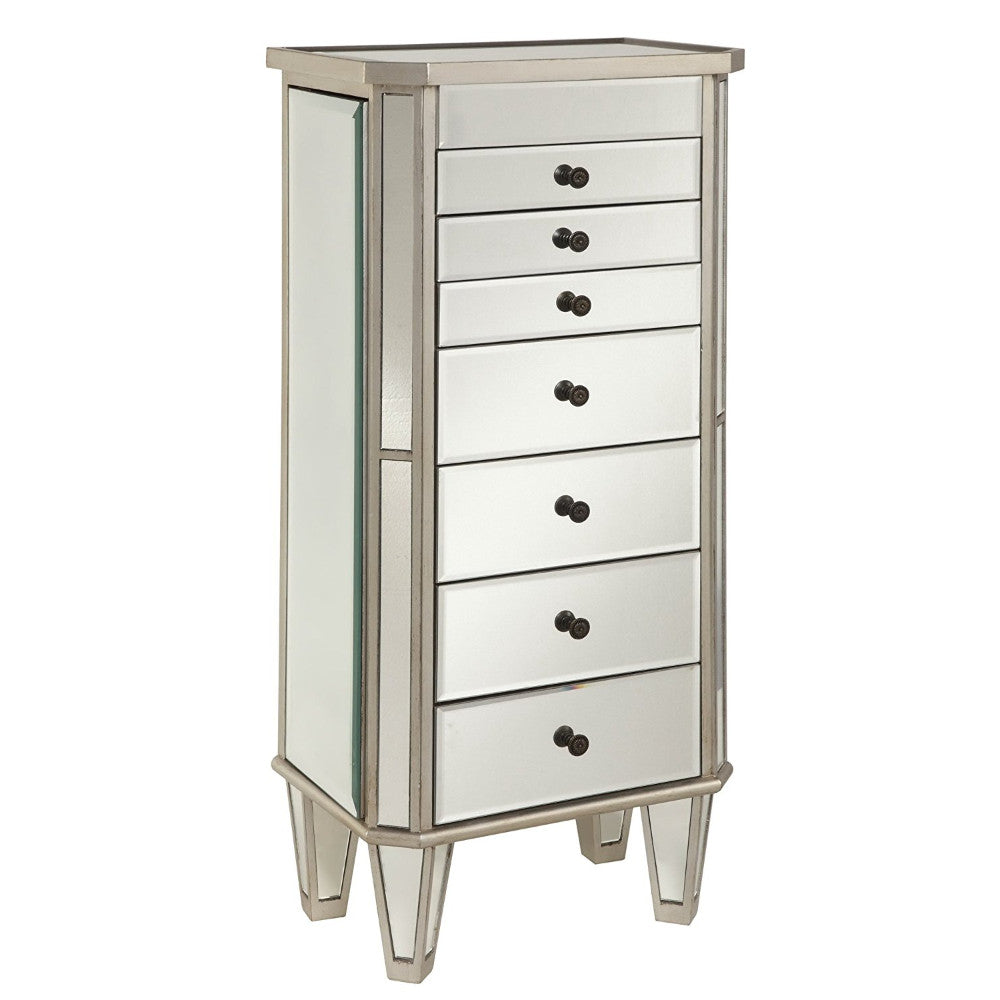 Mirrored Wooden Jewelry Armoire With Multiple Storage, Silver