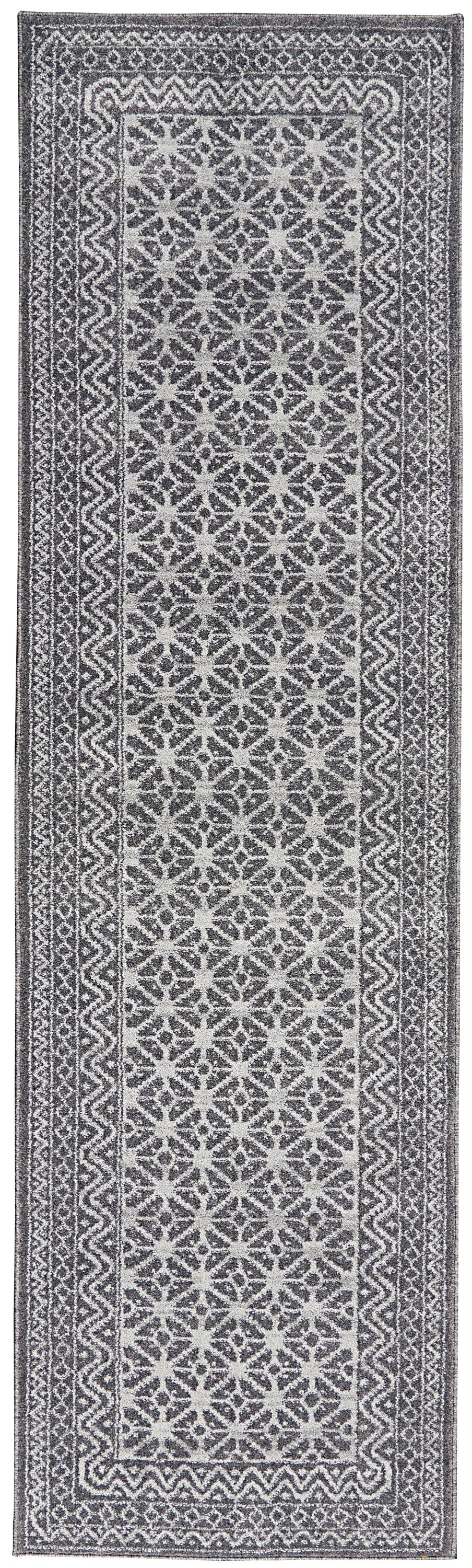 Nourison Palermo  8' Runner Charcoal Grey and Silver  Distressed Bohemian   Area Rug