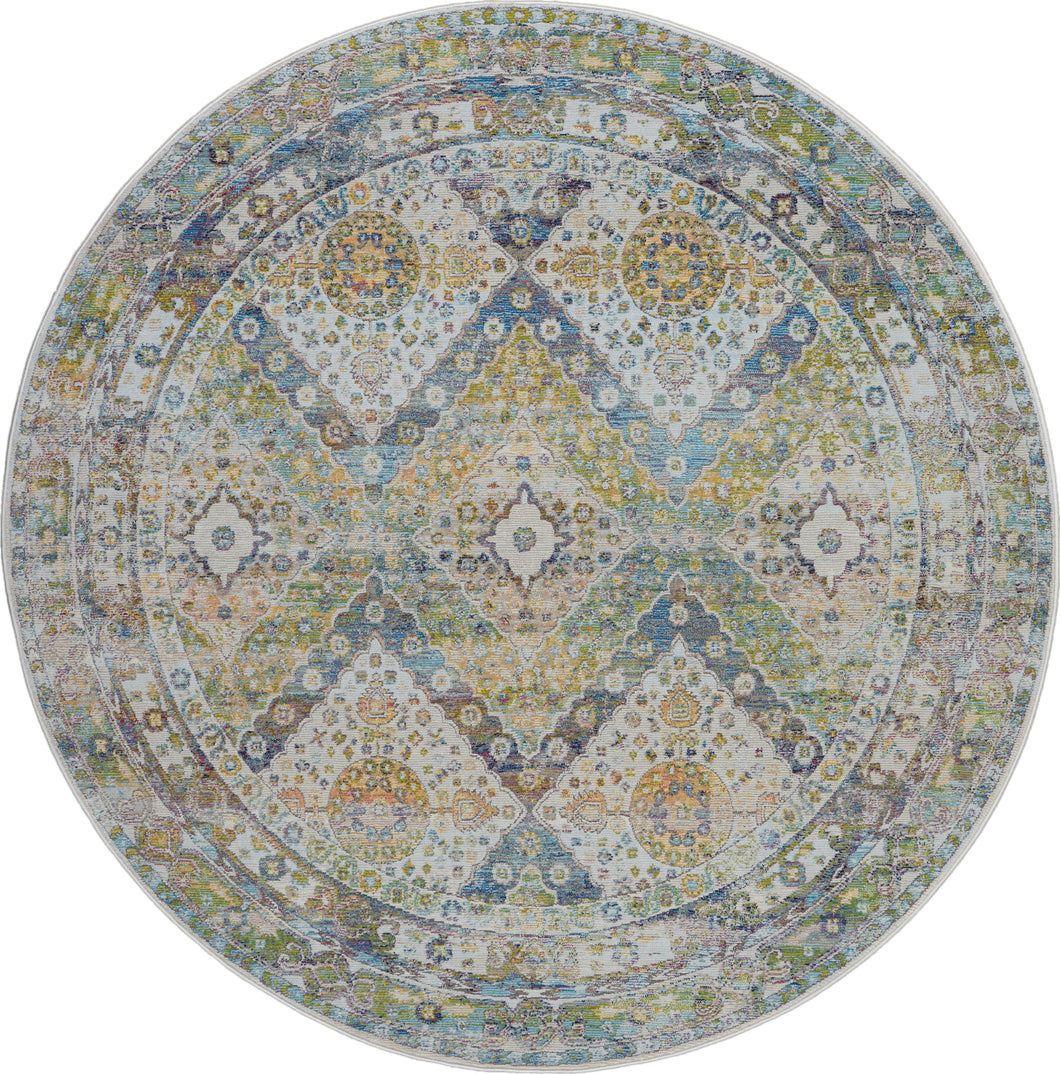 Nourison Ankara Global ANR07 Blue and Green 4' Round Farmhouse Area Rug