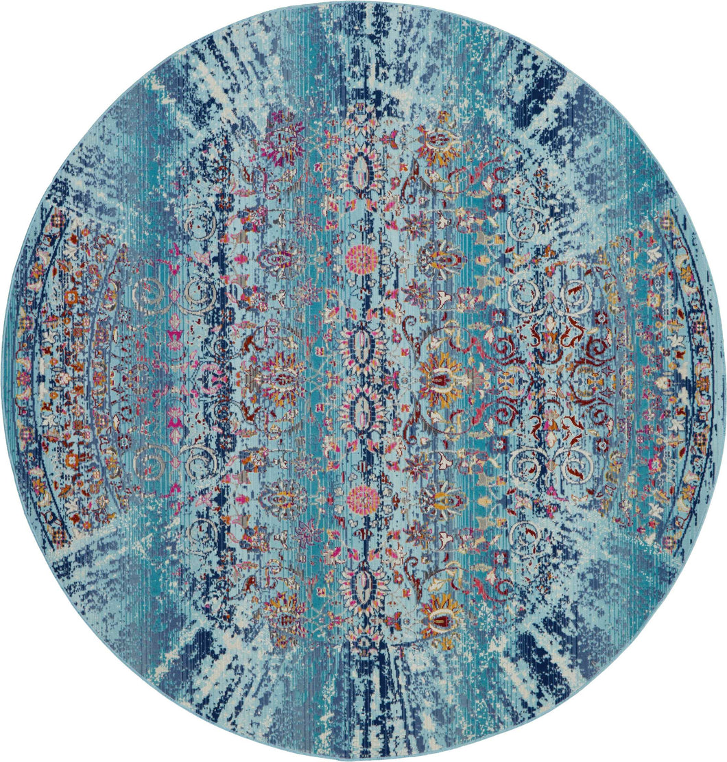 Nourison Vintage Kashan VKA02 Blue Multicolor 4' Round Boho Area Rug
