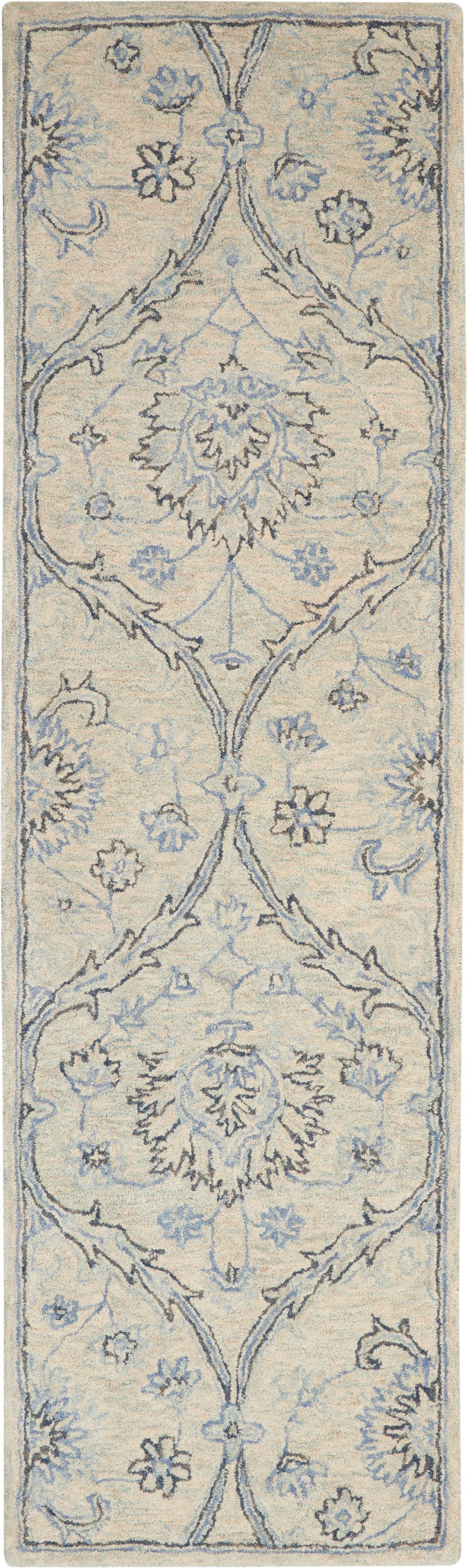 Nourison Jazmine JAZ03 Ivory and Blue 8' Runner Wool Hallway Rug